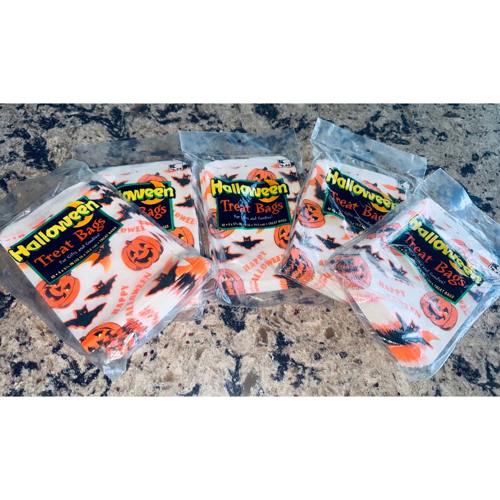 Vintage Halloween Treat Bags Lot of 5 Packs 200 Total Pumpkin Bat AJM Packaging